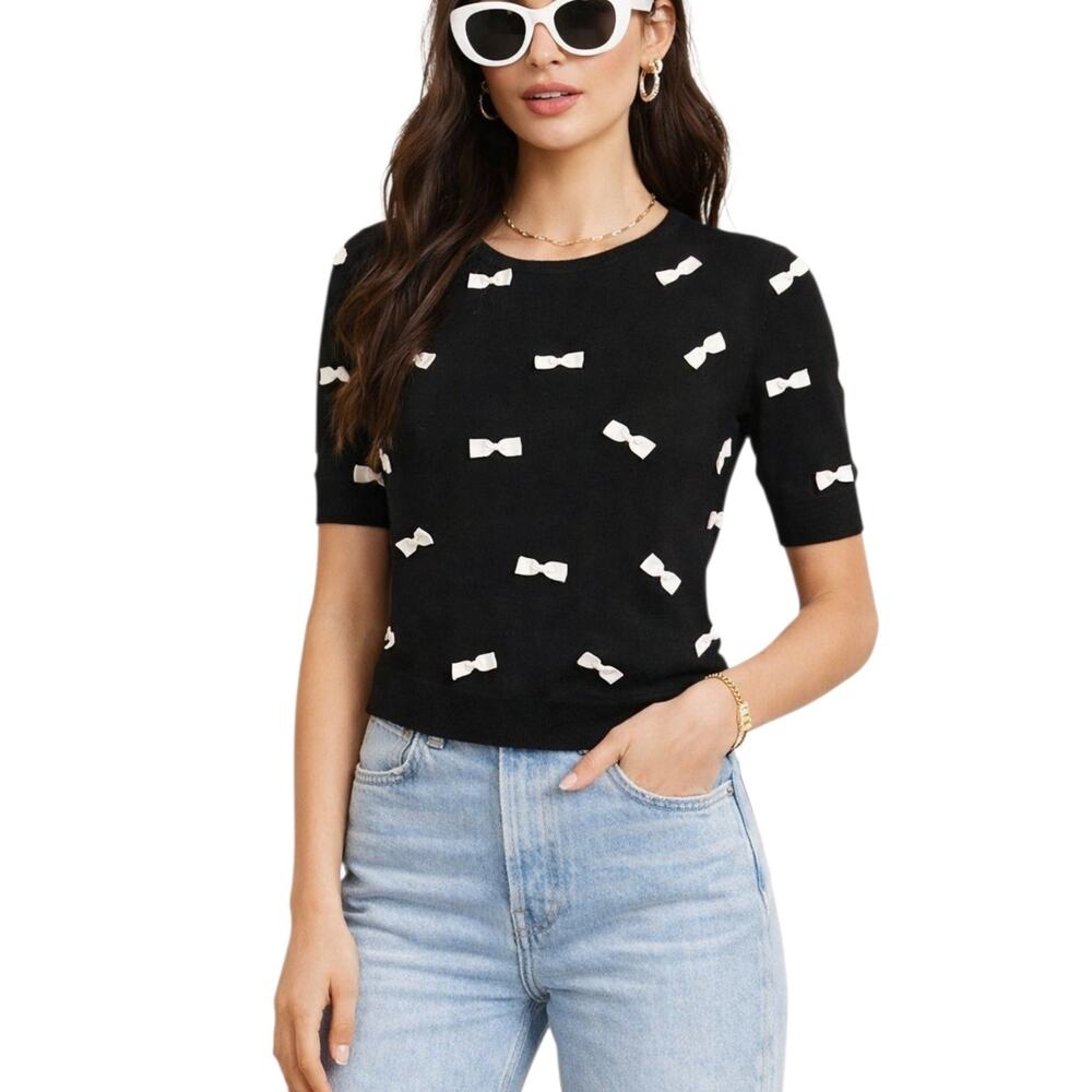 Alice + Olivia All Over Bow Embellished Knit Black White Pullover Sweater Tee